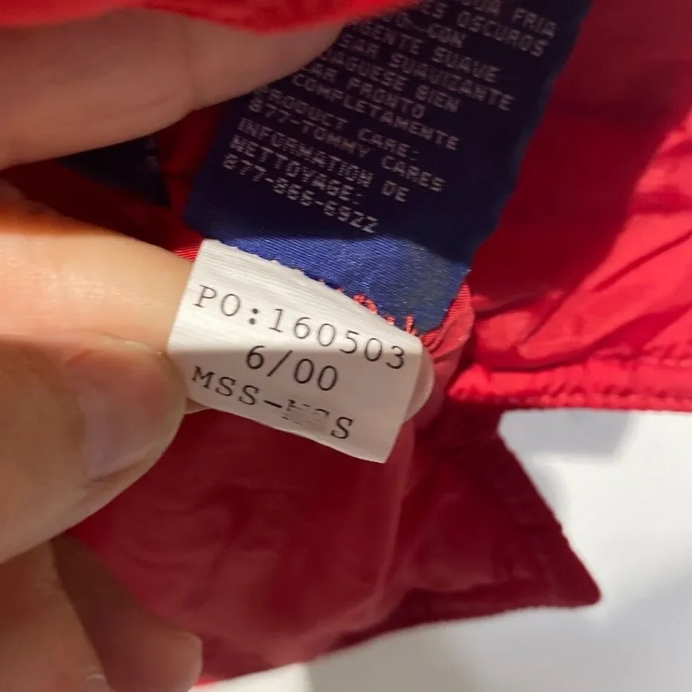 Vintage Tommy Jeans Women's Red Satin Collared Full Zip Puffer‎ Vest Medium